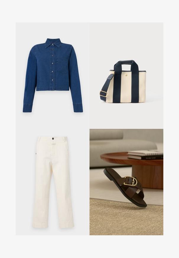 CLOSED CROPPED CLASSIC SHIRT - Overhemdblouse - dark blue; Beige katoenen broek met een recht model, voorzien van een voorknoopsluiting en een zak met een ronde knoopaccent.; Bruine leren instap-sandaal met gouden gesp op een beige tapijt, houten salontafel en boeken op de achtergrond.; Kleine beige canvas draagtas met twee brede zwarte verticale banden, een kort handvat en een verstelbare schouderriem met een gouden gesp.