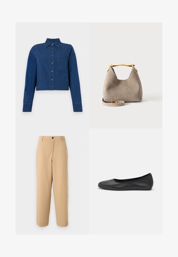 CLOSED CROPPED CLASSIC SHIRT - Skjortebluser - dark blue; CLOSED WRENNA - Bukser - urban beige; Sort læderballetsko med rund tå, glat tekstur, minimal syning og et fleksibelt såldesign.; Beige ruskindshåndtaske med et buet håndtag af guldmetal og en aftagelig rem med guldlås, vist på en ensartet lys baggrund.