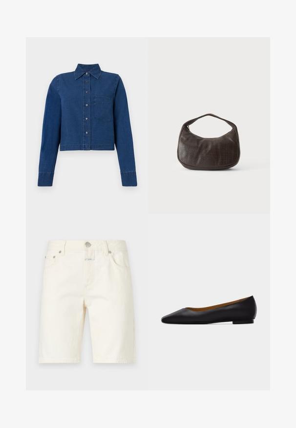 CLOSED CROPPED CLASSIC SHIRT - Chemisier - dark blue; CLOSED JINNIE - Short - white; Chaussure plate en cuir noir à bout pointu avec talon bas et finition lisse, vue de côté sur un fond gris clair.; Petit sac à main marron foncé texturé avec une courte bandoulière et un fond arrondi sur un fond clair uni.