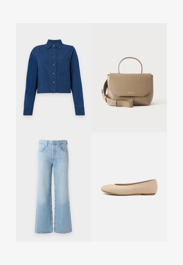 CLOSED CROPPED CLASSIC SHIRT - Blúzka so zapínaním na gombíky - dark blue; Svetlomodré džínsové zvonové nohavice s vysokým pásom, piatimi vreckami a jemným vyblednutím pri leme. Obsahujú štandardný pás a zapínanie na gombík.; Béžové kožené baleríny s okrúhlym prstom, minimálnym švom, nízkym podpätkom a diskrétnym logom na zadnej strane. Hladká, matná textura.; Béžová štruktúrovaná kabelka s horným uchom a nastaviteľným ramenným popruhom, vyrazený názov značky na prednej klapke, textúrovaný kožený materiál.