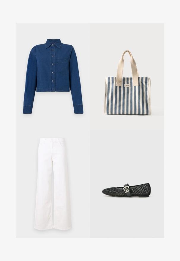 CLOSED CROPPED CLASSIC SHIRT - Πουκαμίσα με κουμπιά - dark blue; Άσπρα τζιν με φαρδύ ποδαράκι από denim, εφοδιασμένα με μπροστινές τσέπες, κουμπί κλεισίματος και άνετη εφαρμογή. Λείος υφασμάτινος χαρακτήρας με ελάχιστες λεπτομέρειες.; Μαύρα μπαλέτα από δίχτυ με μυτερό μπροστινό μέρος, διαθέτουν επίπεδη φτέρνα και λουράκι με πόρπη γύρω από τον αστράγαλο· υφή με υφαντό σχέδιο.; Καμβά τσάντα tote με κάθετες ρίγες μπλε και άσπρο, με μπεζ λαβές και μια μικρή ετικέτα μπροστά.