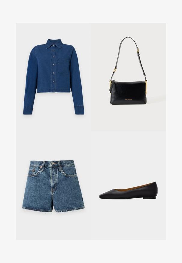 CLOSED CROPPED CLASSIC SHIRT - Overhemdblouse - dark blue; Denim shorts in medium blue met een hoge taille, vijf zakken, contrasterende stiksels en een metalen knoopsluiting. Textuurstof met een lichte vervaging.; Zwarte leren puntschoen met lage hak en gladde afwerking, zijaanzicht op een lichtgrijze achtergrond.; Zwarte leren schoudertas met verstelbare riem en gouden hardware, met klein gouden "Marc Jacobs" logo middenvoor.