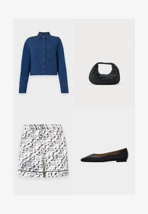 CLOSED CROPPED CLASSIC SHIRT - Skjortebluser - dark blue; Hvide shorts med et sort abstrakt mønster, elastisk talje og solid sort kant langs kanten. Fremstillet af et letvægtsstof.; Sort læder flad sko med spids tå, lav hæl og glat finish, vist fra siden på en lysegrå baggrund.; Sort flettet hobo-taske med blød struktur og integreret håndtag, vist på en ensfarvet lys baggrund.
