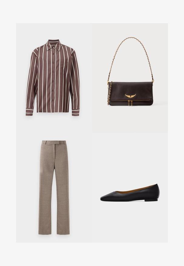Chemise marron à boutons avec des rayures verticales blanches, manches longues, et une seule poche poitrine, présentée sur un fond blanc.; Pantalons à motif pied-de-poule marron et noir avec une coupe droite, dotés d'une taille élastique et de poches latérales.; Chaussure plate en cuir noir à bout pointu avec talon bas et finition lisse, vue de côté sur un fond gris clair.; Sac à bandoulière en cuir marron foncé avec anse chaîne dorée, emblème ailé doré sur le rabat, et double fermeture éclair dorée en bas à l’avant.