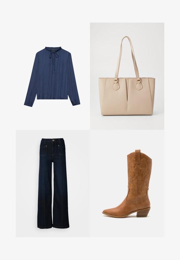 Marineblå bluse med lange ærmer, en rynket krave og bindedetalje foran. Fremstillet af glat, struktureret stof med en afslappet pasform.; Bredde ben denimjeans i mørkeblå. Har forlommer, guldfarvet hardware og kontrasterende syninger. Glat tekstur med et afslappet design.; Tan læder cowboystøvle med spids tå, broderede svirvelmønstre på skaftet og en stablet blokhæl. Har en træksløjfe for nem af/på.; Beige tote taske lavet af tekstureret kunstlæder, med dobbelte håndtag og guldfarvede hardware accenter. Designet inkluderer en delt frontdetalje.