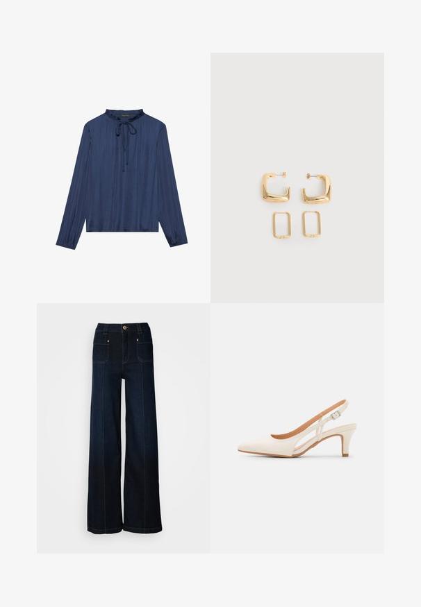 Marineblå bluse med lange ærmer, en rynket krave og bindedetalje foran. Fremstillet af glat, struktureret stof med en afslappet pasform.; Bredde ben denimjeans i mørkeblå. Har forlommer, guldfarvet hardware og kontrasterende syninger. Glat tekstur med et afslappet design.; Hvide slingback hæle med spids tå, glat overmateriale, lav blokhæl og sideudskæringsdesign med justerbar spænderem.; To par guldfarvede geometriske hoop-øreringe på en ensfarvet hvid overflade, et par firkantede og solide, et par rektangulære og hule.