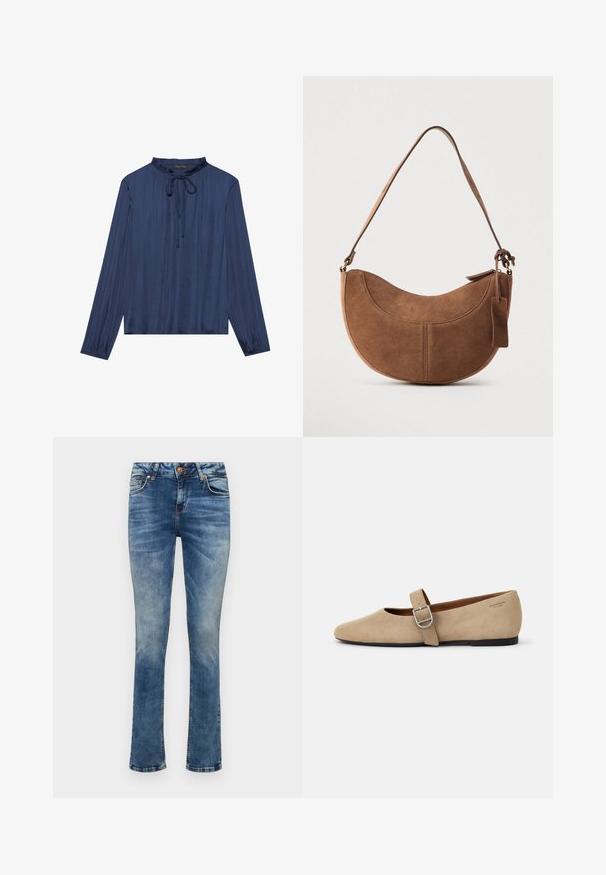 Blouse bleu marine à manches longues, avec un col froncé et un nœud sur le devant. Confectionnée dans un tissu lisse et texturé avec une coupe décontractée.; Jean en denim bleu clair avec une coupe droite, dotés d'une fermeture à bouton sur le devant, de cinq poches et d'un léger délavage.; Ballerines en daim beige de style Mary Jane avec un bout pointu et une seule sangle réglable dotée d'une boucle en métal argenté. Semelle plate noire.; Sac à main en daim marron de forme courbée en demi-lune. Il est doté d'une bandoulière, d'une petite étiquette et de coutures visibles le long des bords.