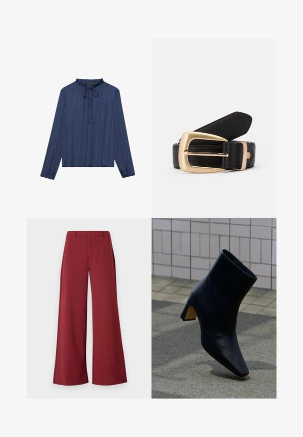 Marineblauwe blouse met lange mouwen, een geplooide kraag en een strikdetail aan de voorkant. Gemaakt van een gladde, gestructureerde stof met een ontspannen pasvorm.; Wijdvallende broek in een diepe bordeauxkleur. Gemaakt van een soepele, rekbare stof met op maat gemaakte naden en een rits aan de voorkant.; Zwarte leren enkellaars met blokhak, staand op een grijze stoep voor een lichte betegelde muur.; Zwarte leren riem met een gouden rechthoekige gesp. De riem heeft een gladde textuur en een subtiele stikselafwerking langs de randen.