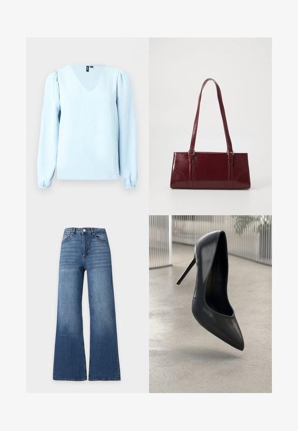 Blusa azul claro de manga larga con escote en V y hombros ligeramente abullonados, exhibida sobre un fondo claro liso.; Vaqueros azules de talle alto con perneras anchas, botón frontal, cremallera y diseño clásico de cinco bolsillos sobre un fondo liso claro.; Zapato de tacón alto de cuero negro con punta afilada, diseño elegante y sin herrajes visibles. Textura suave y estilo minimalista.; Bolso burdeos hecho de material brillante, de forma rectangular, con dos asas para el hombro y sutiles acentos curvados en la parte frontal.