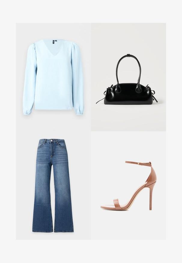 Blouse bleu clair à manches longues avec col en V et épaules légèrement bouffantes, présentée sur un fond unicolore clair.; Jean en denim bleu taille haute avec jambes larges, bouton sur le devant, fermeture éclair et design classique cinq poches sur un fond clair uni.; Sandales à talons en cuir verni nude avec une fine bride à la cheville, design à bout ouvert et talon aiguille. Texture lisse et style minimaliste.; Petit sac à main noir brillant avec deux longues anses et des détails à cordon sur les côtés sur un fond clair uni.
