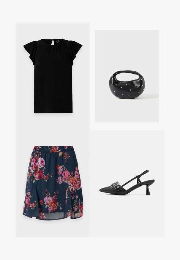 Zwarte kortek mavloeden top gemaakt van zachte stof, met een ronde halslijn, geplooide details en vlinder sleeves met uitsnede aan de achterkant.; Floral skirt in marineblauwe stof met roze, rode en oranje bloemen. Heeft een elastische tailleband en een uitlopende design met zijsplitten.; Simmi London DALA - Klassieke pumps - black; Zwarte leren handtas met een afgeronde vorm, versierd met zilveren studs, en een korte handgreep. Gladde textuur en ritsluiting.