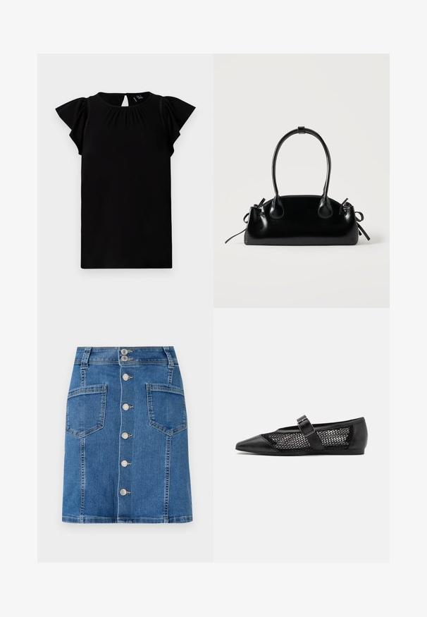 Haut noir à manches courtes fabriqué en tissu doux, avec un col rond, des détails plissés et des manches flottantes avec une découpe au dos.; Jupe en denim avec une taille ajustée, en forme de A, et une fermeture à boutons sur le devant. Présente deux grandes poches, dans un délavage bleu moyen avec un léger effet de décoloration.; Chaussure plate noire avec un bout pointu, panneaux latéraux en maille et une sangle avec une boucle décorative. Fini lisse sur les sections du bout et du talon.; Petit sac à main noir brillant avec deux longues anses et des détails à cordon sur les côtés sur un fond clair uni.