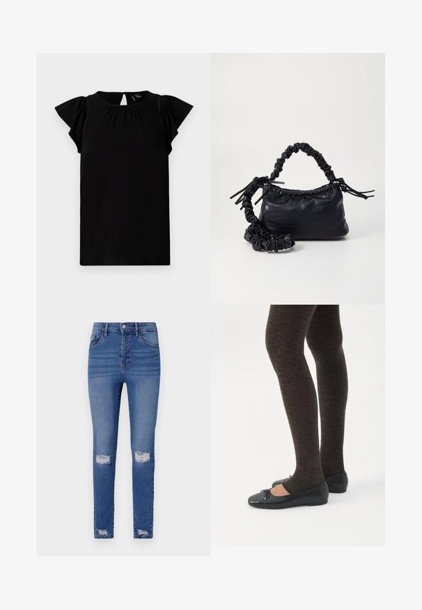 Must have juhuslik must lühikeste varrukatega topp, mis on valmistatud pehmest kangast, ümmarguse kaelusega, volditud detailide ja avatud seljaga flirdavaid varrukaid.; Saledad sinine teksad, millel on fadespes, kahe põlve lõhkega, viie tasku, nööbiga sulgemise ja vööloopidega. Puuvilla segu kangas.; Jalad seljas tumedad soonelises soonelises kombines mustade baleriinadega, millel on väikesed paelade detailid valgel taustal.; Must must sünteetilisest nahast käekott, millel on krokodillimuster, kokku tõmmatav ülaosa ja kortsus rihm. Tundub pehme ja kompaktne disain.