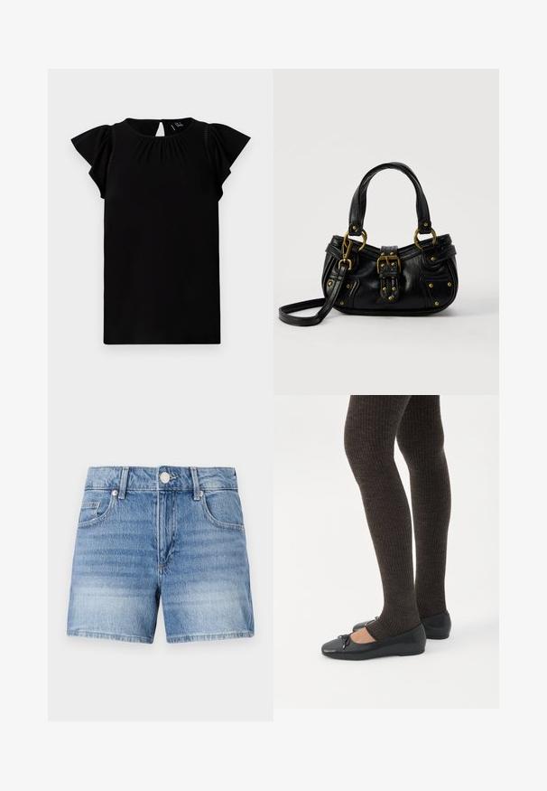 Zwarte kortek mavloeden top gemaakt van zachte stof, met een ronde halslijn, geplooide details en vlinder sleeves met uitsnede aan de achterkant.; Lichtblauwe denimshorts met knoopsluiting aan de voorkant, ritssluiting, lussen voor een riem en voorzakken op een effen witte achtergrond.; Benen met donkere geribbelde leggings gecombineerd met zwarte ballerina's met kleine strikdetails op een witte achtergrond.; Zwarte leren handtas met gouden gesp en klinknagel details, korte handvatten en een verstelbare schouderriem op een effen witte achtergrond.