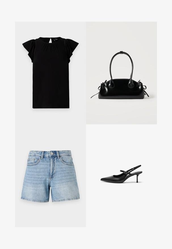 Haut noir à manches courtes fabriqué en tissu doux, avec un col rond, des détails plissés et des manches flottantes avec une découpe au dos.; Shorts en denim bleu clair à taille haute, cinq poches et ourlet effiloché. Présente un léger effet délavé et des détails de coutures dorées.; Talons aiguilles noires en cuir avec un bout pointu, une fine bride réglable, et un talon aiguille d'environ 5 cm, texture lisse.; Petit sac à main noir brillant avec deux longues anses et des détails à cordon sur les côtés sur un fond clair uni.