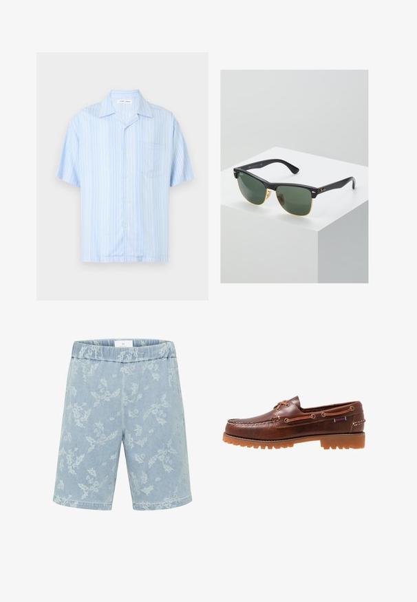 Camisa azul claro de manga corta con botones, rayas verticales blancas y un bolsillo en el pecho izquierdo, mostrada sobre un fondo liso.; Pantalones cortos de mezclilla azul claro con un sutil patrón floral, cinturilla elástica y corte recto. Sin bolsillos visibles.; Zapato de barco de cuero marrón con suela de goma, ojales para cordones y parte superior cosida, con un patrón elevado y texturizado en la puntera.; Gafas de sol Ray-Ban con lentes verdes, montura de plástico negro y acentos dorados en los bordes. Forma cuadrada con acabado mate.