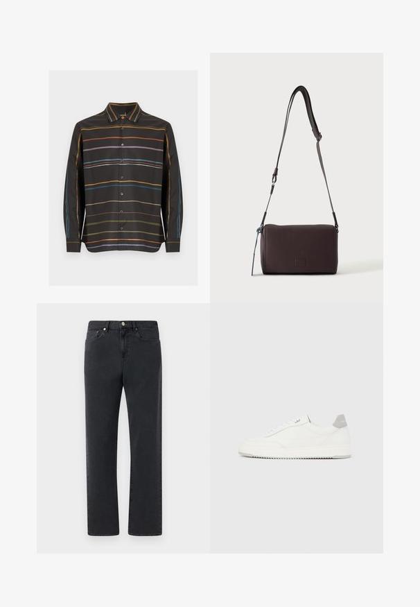 Sort skjorte med lange ærmer og knapper, med tynde vandrette striber i orange, lilla, blå og olivengrøn på forsiden og ærmerne.; Sorte denimjeans med et lige bendesign, fem lommer og metalhardware-accenter. Stoffet har en glat, let struktureret finish.; Hvid lavtop-sneaker med gråt hælflig, hvide snørebånd og tekstureret sål, vist på en ensfarvet lys baggrund.; Mørkebrun textured læder crossbody taske med justerbar rem og lille dekorativ blå accent på siden.