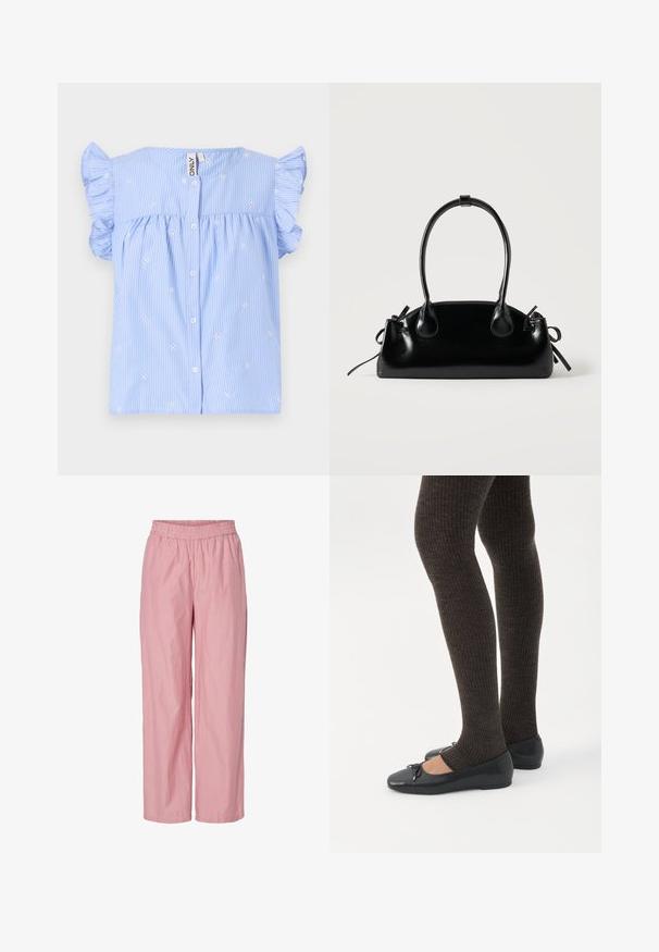 Himmelblaue Kurzarmbluse mit Rüschensäumen, weißen horizontalen Streifen und kleiner Blumenstickerei. Mit einer Knopfleiste vorne.; Rosa gestreifte weit geschnittene Hose mit elastischem Bund. Hergestellt aus leichtem Stoff mit glatter Textur. Enthält subtile vertikale Streifen.; Beine in dunklen, gerippten Leggings kombiniert mit schwarzen Ballerinas mit kleinen Schleifendetails auf weißem Hintergrund.; Kleine schwarze glänzende Handtasche mit zwei langen Griffen und seitlichen Kordelzug-Details vor einfachem hellem Hintergrund.