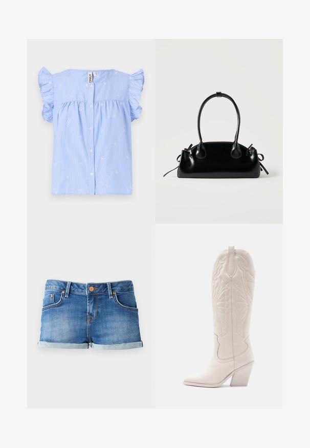 Himmelblaue Kurzarmbluse mit Rüschensäumen, weißen horizontalen Streifen und kleiner Blumenstickerei. Mit einer Knopfleiste vorne.; Blaue Denim-Shorts mit umgeschlagenem Saum, ausgestattet mit zwei vorderen Taschen, einem Knopfverschluss und kontrastierenden Nähten.; Weiße Leder-Cowboystiefel mit spitzer Zehe und blockiertem Absatz. Sie verfügen über aufwendige Steppmuster am Schaft und eine glatte Textur.; Kleine schwarze glänzende Handtasche mit zwei langen Griffen und seitlichen Kordelzug-Details vor einfachem hellem Hintergrund.
