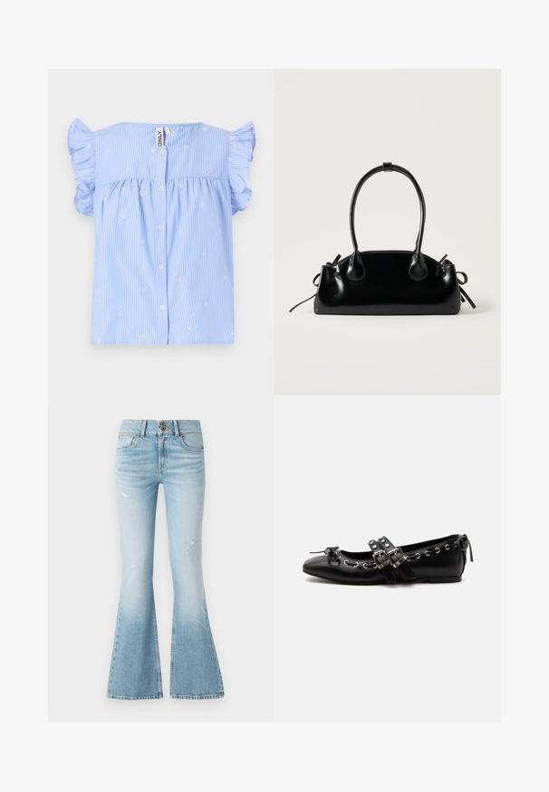 Světle modrá blouse s krátkými rukávy a volánkovými rukávy, bílé vodorovné pruhy a malé květinové výšivky. Obsahuje zapínání na knoflíky vpředu.; Svetlomodré džínsové nohavice s rozšírenými nohavicami a vysokým pásom, s jemnými poškodenými miestami, dvojitým zapínaním a klasickým dizajnom s piatimi vreckami.; Čierna plochá baletná topánka s dvojitými prackami, striebornými okami a malou mašličkou pri zaoblenom nose na bielom pozadí.; Malá čierna lesklá kabelka s dvoma dlhými rúčkami a bočnými šnúrkovými detailmi na jednoduchom svetlom pozadí.