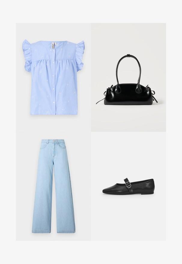 Lyseblå kortærmet bluse med flæser på ærmerne, hvide vandrette striber og lille blomstermotiv. Har en knaplukning foran.; Lysblå bredbenede jeans lavet af denim, med høj talje, forlommer og rene sømme med minimal syning.; Sorte læder flade sko med rund tå, et enkelt justerbart spænde og en glat, blank overflade. Minimalistisk design med en lav hæl.; Lille sort blank håndtaske med to lange håndtag og snøre-detaljer i siden på en ensfarvet lys baggrund.