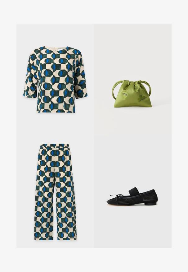 Chemise à manches trois-quarts ornée d'un motif géométrique de cercles verts et bleus sur fond beige.; Pantalon à jambes larges avec taille élastique, présentant un motif géométrique bleu et vert foncé sur fond beige.; Chaussure plate noire avec un bout pointu, fabriquée en tissu texturé, avec un accent à nœud et un petit talon rond. Sangle élastique au niveau de la cheville.; Sac à main vert à cordon avec deux poignées, décoré de formes abstraites bleues et vertes brodées, sur un fond blanc uni.