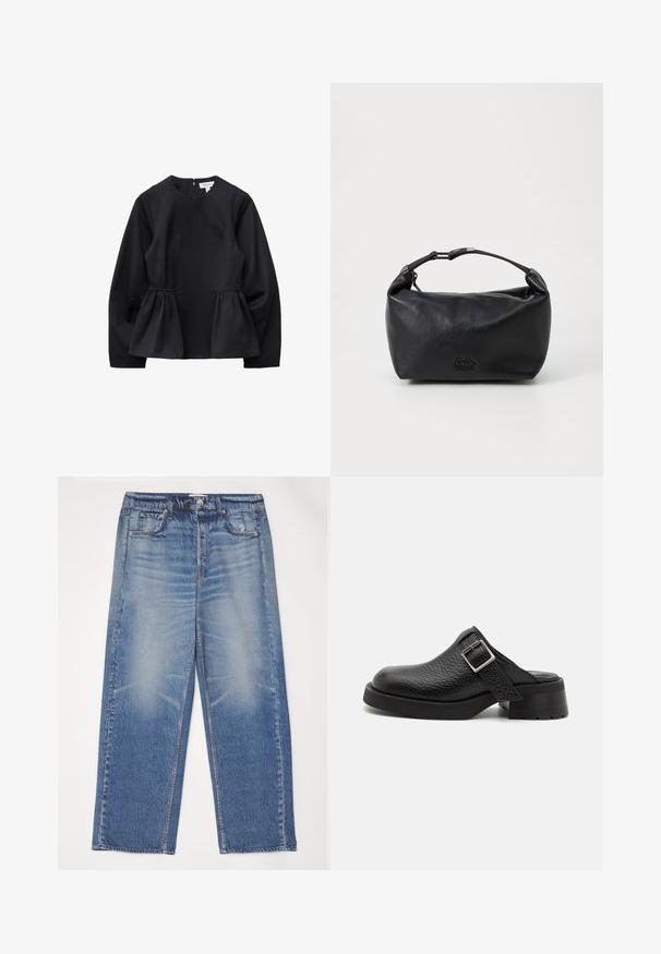 Sort langærmet peplumbluse med rund halsudskæring, sømdetaljer på brystet og lynlås bagpå.; Blå denim jeans med en afslappet pasform, falmet front, fem lommer og knaplukning. Har en sølvknap og kontrasterende syninger.; Sorte lædertræsko med en tekstureret overflade, justerbar spændebånd og en kraftig hæl. Glat, afrundet tådesign med en solid sort sål.; Sort lædertaske med en rund form, der har et kort håndtag og lynlåslukning. Logo præget på fronten. Glat tekstur.