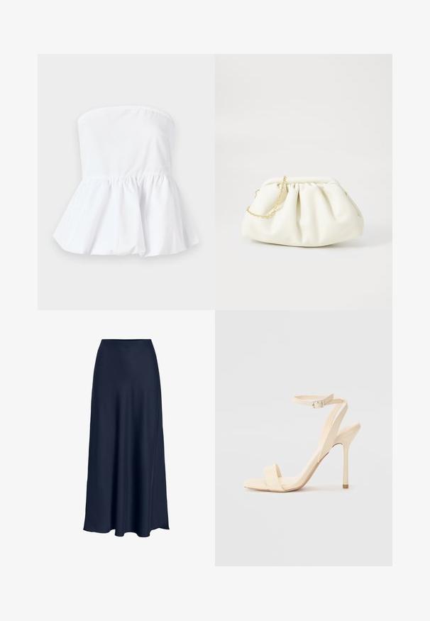 Haut blanc sans manches en tissu léger avec un col élastiqué et un ourlet peplum évasé, présentant une texture lisse.; Jupe maxi en satin bleu marine avec une texture lisse, taille haute et silhouette fluide. Se termine par une légère courbe à l'ourlet.; Sandale à talon haut beige avec une sangle fine autour de la cheville et un bout carré. Matériau synthétique lisse, design minimaliste et talon aiguille.; Sac à main en cuir blanc avec un design plissé, doté d'une bandoulière en chaîne dorée et d'une forme arrondie. Texture lisse avec des plis doux et sans motifs.