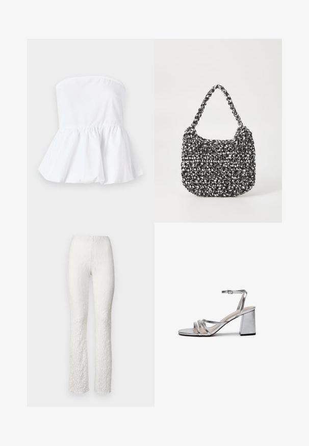 Biely top bez ramienok vyrobený z ľahkého materiálu s elastickým výstrihom a rozšíreným peplum lemom, s hladkou textúrou.; Biele textúrované nohavice s kvetinovým vzorom, rozšíreným strihom nohavíc a elastickým pásom pre pohodlie. Hladký povrch látky.; Strieborné metalické sandále na vysokom podpätku s blokovým podpätkom, tenkým remienkom okolo členka a niekoľkými širokými remienkami cez prednú časť nohy. Hladká textura.; Tkaná kabelka v čierno-bielej kombinácii s oválnym tvarom, textúrovaným povrchom a pletenou rúčkou. Vhodná na bežné nosenie.