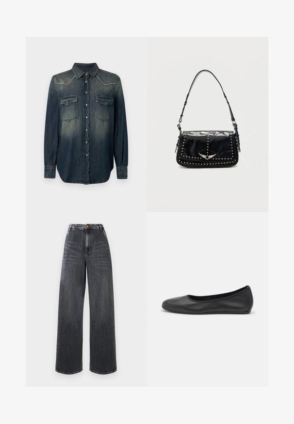 Chemise en denim bleu foncé à manches longues, col pointu, deux poches sur la poitrine et accents en clous argentés sur le dos. Fermeture à boutons sur le devant.; Jean large taille haute en denim gris foncé avec des détails décolorés, présentant une fermeture à bouton à l'avant et un design traditionnel à cinq poches.; Ballerines en cuir noir avec un bout rond, texture lisse, détails de couture minimalistes et design de semelle flexible.; Sac à épaule en cuir noir avec des clous argentés et un emblème métallique ailé sur le rabat avant sur fond uni.