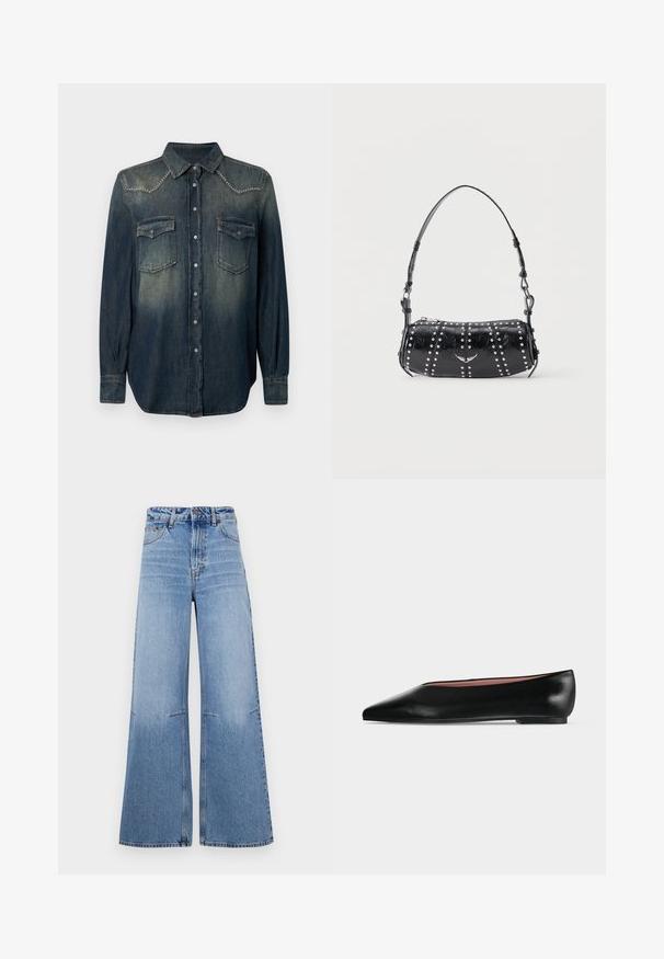 Mørkeblå denimskjorte med lange ærmer, spidse krave, to brystlommer og sølvnitter på ryggen. Knappelukning fortil.; Lyseblå, brede denimjeans med høj talje, der har frontlommer og sømdetaljer, der løber lodret ned ad benene.; Sort damesko i læder med flad hæl og spids tå, vist fra siden på en ensfarvet lys grå baggrund.; Sort skuldertaske i laklæder med sølvnitter i lodrette rækker og et lille sølvfugleemblem midt på fronten.