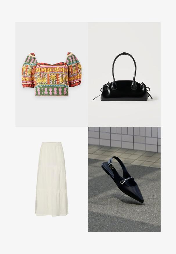 Farverig cropped top med puffede ærmer, intrikate blomster- og ananasmønstre i rød, gul, pink, grønt og blåt på en lys baggrund.; Hvid, lagdelt maxiskørt lavet af let, struktureret stof med elastisk talje. Har tre forskellige stofsektioner.; Sort flad slingback med spids tå og dobbelte spænder, hvilende på grå asfalt nær flisevæg.; Lille sort blank håndtaske med to lange håndtag og snøre-detaljer i siden på en ensfarvet lys baggrund.