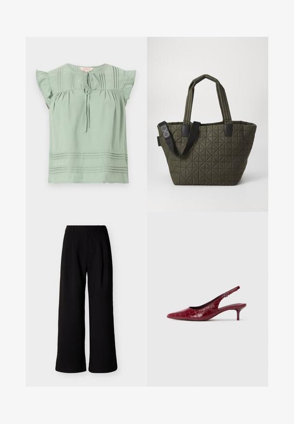 Blouse vert clair à manches courtes avec manches volantées, lien à l'avant au col rond, et détails de plis horizontaux sur la poitrine et l'ourlet.; Pantalon noir à jambes larges, taille haute, passants pour ceinture et poches latérales, présenté sur fond blanc uni.; Escarpin à talon kitten en cuir bourgogne avec texture crocodile, bout pointu, bride ajustable et talon bas sur fond blanc.; Sac fourre-tout matelassé vert olive avec des accents noirs, présentant un motif géométrique en losange et deux poignées courtes pour le transport.