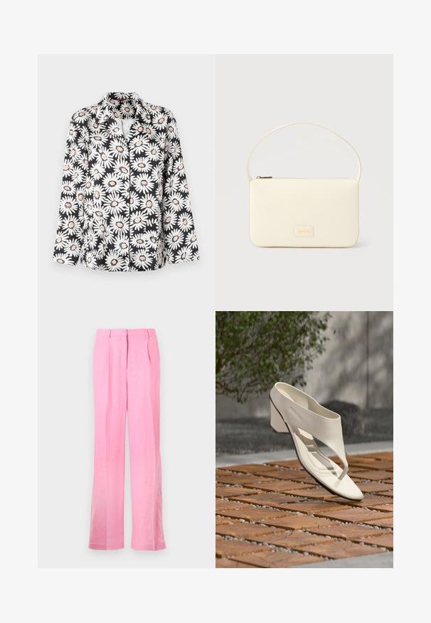 Sort skjorte med knapper, prydet med store hvide margueritter og orange midter. Har en klassisk krave og lange ærmer med en afslappet pasform.; Rosa linnedragt med en afslappet pasform, der har frontfolder, en knaplukning og sidelommer. Glat tekstur og lige ben-design.; Hvid læderhæl sandal med bred rem og tåpost, vist udendørs på en overflade med træ og grusfliser med grønt i baggrunden.; Kremfarvet rektangulær håndtaske med en enkelt rem og lynlås øverst, med en lille præget logo-plakette foran.