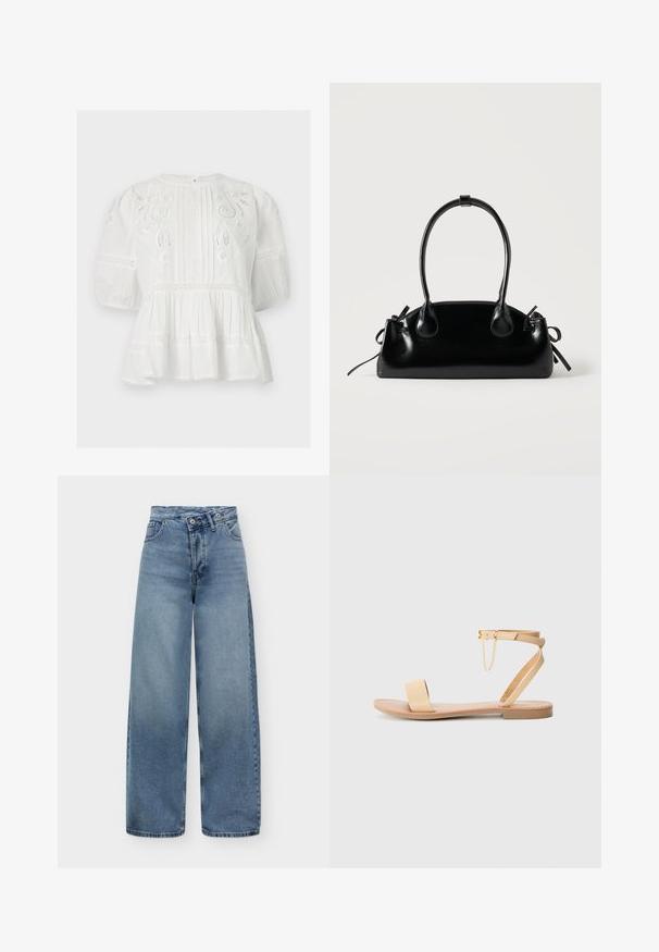 Hvid bomuldsbluse med puffede ærmer, blondeindsatser, broderede blomsterudskæringer, lodrette plisseringer og en skørt kant.; Bredbenede jeans med høj talje i blå med knap- og lynlåslukning, forlommer og falmet denimstruktur på ensfarvet baggrund.; Beige flad sandal med en enkelt bred rem, ankelrem med spænde og dekorativ kæde detalje. Glat læderlignende tekstur og flad sål.; Lille sort blank håndtaske med to lange håndtag og snøre-detaljer i siden på en ensfarvet lys baggrund.