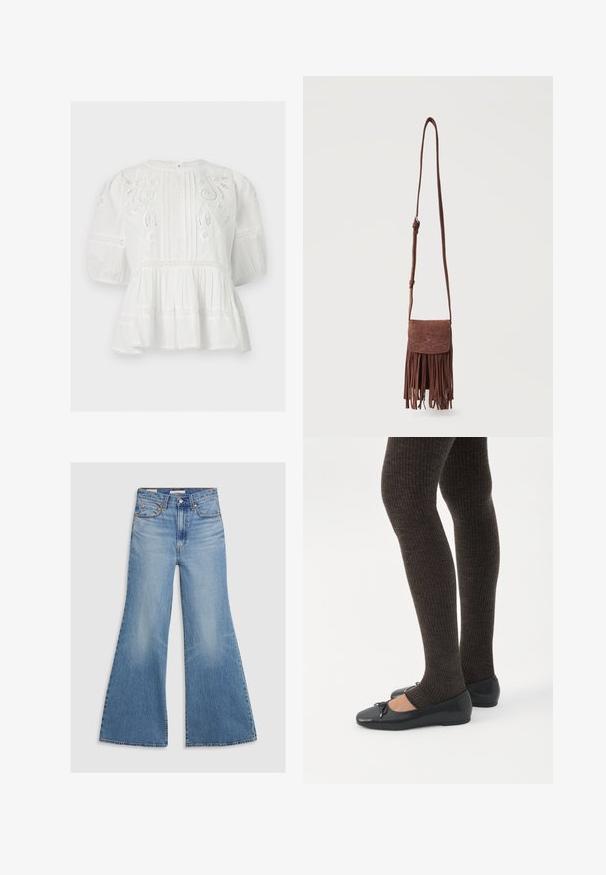 Hvid bomuldsbluse med puffede ærmer, blondeindsatser, broderede blomsterudskæringer, lodrette plisseringer og en skørt kant.; Lysvasket denim flared jeans med høj talje, frontlommer og bronze hardware. Stoffet har en falmet tekstur med en glat finish.; Ben iført mørke ribbede leggings kombineret med sorte balletsko med små sløjfedetaljer på hvid baggrund.; Brun ruskind crossbody taske med lang rem, syet dekorativt mønster på klappen og hængende frynsetassels langs nederste kant.