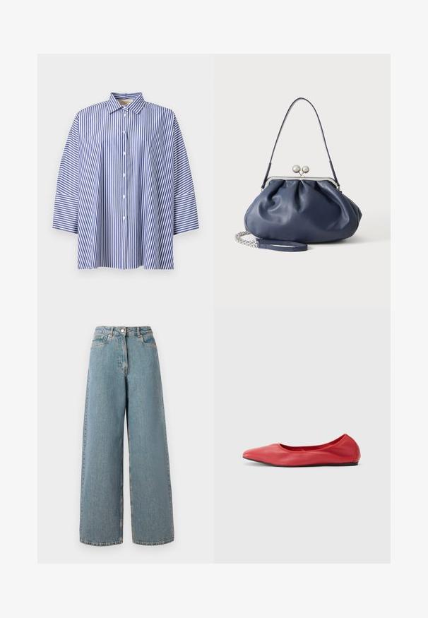 Camisa de botones con rayas verticales azul y blanca, mangas anchas y cuello puntiagudo, exhibida sobre un fondo gris claro.; Jeans de denim de tiro alto, de color azul claro, de pierna ancha, con cierre frontal, botón de cierre y bolsillos delanteros.; Filippa K REY FLATS - Bailarinas - bright red; Bolso de mano de cuero azul marino suave con cierre de broche plateado, una correa de hombro y correa de cadena desmontable para la muñeca sobre fondo blanco.