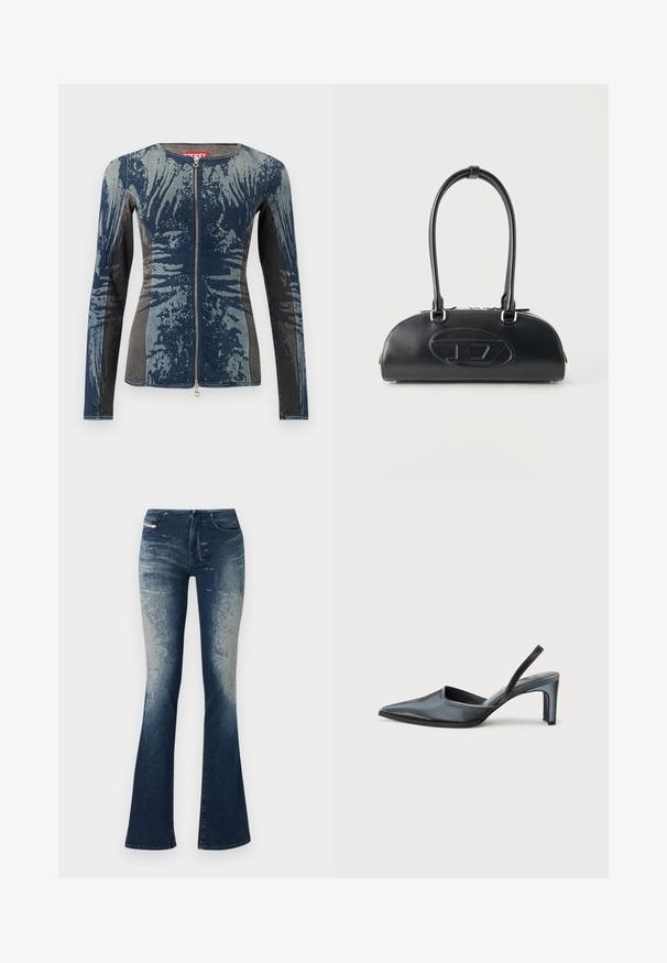 Denimjakke med en blanding af blå og grå, lynlås foran, lange ærmer og et unikt abstrakt mønster. Struktureret stof.; Udsætte denim jeans med en mørkeblå vask og lysere falming, struktureret overflade og lynlås i front. Fem-lomme design med mærkelabel.; Sort slingback-hæl med spids tå, slank satinfinish og en slank hæl på 3 tommer. Åben sidedesign med minimal syningsdetalje.; Sort læderhåndtaske med lange dobbelte håndtag og præget ovalt logo foran, vist mod en ensartet lys baggrund.