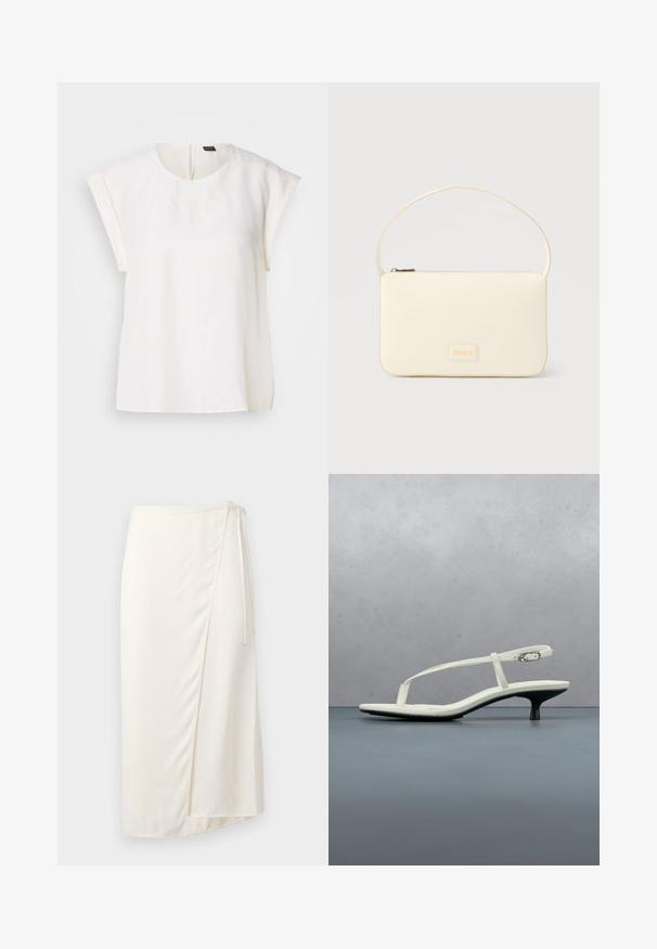 Blouse blanche à manches courtes avec encolure ronde et coupe ample, avec une petite étiquette noire et orange au dos du col.; Jupe enveloppante crème en tissu lisse, avec une fermeture à nouer sur le côté et un ourlet à mi-genoux avec une légère fente à l'avant pour plus de liberté de mouvement.; Sandale blanche à talon kitten avec des lanières et un bout pointu, flottant au-dessus d'un sol en carrelage en bois en plein air avec un arrière-plan flou de plante et de mur.; Sac à main rectangulaire de couleur crème avec une seule sangle et une fermeture éclair sur le dessus, comportant une petite plaque de logo embossé à l'avant.