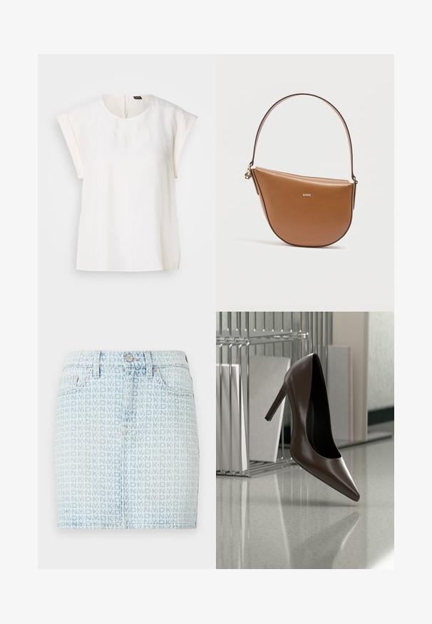 Kurzärmelige weiße Bluse mit rundem Ausschnitt und lockerer Passform, mit einem kleinen schwarz-orangen Etikett am hinteren Kragen.; Jeansrock in Hellblau mit einem durchgehenden weißen Logomuster. Klassisches Fünf-Taschen-Design mit einem Knopfverschluss vorn.; Dunkelbrauner, hochhackiger Lederschuh, der über einem reflektierenden Boden in der Nähe eines Metallgestells mit weißen Paneelen in einem Raum schwebt.; Braune Leder-Halbmonden-Handtasche mit einem einzelnen Riemen, goldenem BOSS-Logo auf der Vorderseite und kleinem goldfarbenem Reißverschlussanhänger an der Seite.