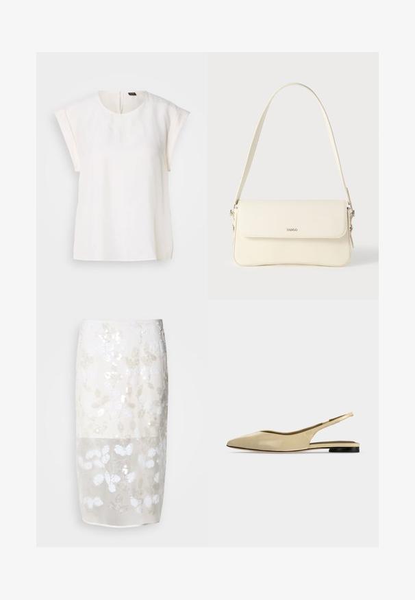 Blusa blanca de manga corta con cuello redondo y corte holgado, con una pequeña etiqueta negra y naranja en la parte trasera del cuello.; Falda hasta la rodilla en crema con un patrón de lentejuelas florales. Capa superior semitransparente, forrada por debajo. Textura suave con varios adornos blancos.; Zapato plano beige con puntera puntiaguda, diseño slingback, tacón bajo negro y acabado en cuero liso, mostrado de perfil sobre un fondo liso.; Bolso de hombro de cuero color crema con cierre de solapa, herrajes plateados, una sola correa ajustable y detalles sutiles con el logo.