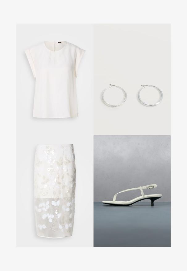 Blusa blanca de manga corta con cuello redondo y corte holgado, con una pequeña etiqueta negra y naranja en la parte trasera del cuello.; Falda hasta la rodilla en crema con un patrón de lentejuelas florales. Capa superior semitransparente, forrada por debajo. Textura suave con varios adornos blancos.; Sandalia blanca de tacón kitten con tiras y punta afilada, flotando sobre un suelo de baldosas de madera al aire libre, con un fondo desenfocado de plantas y pared.; Pendientes de aro de metal plateado con superficie lisa y ligeramente curvada y cierre de tipo mosquetón sobre un fondo blanco liso.