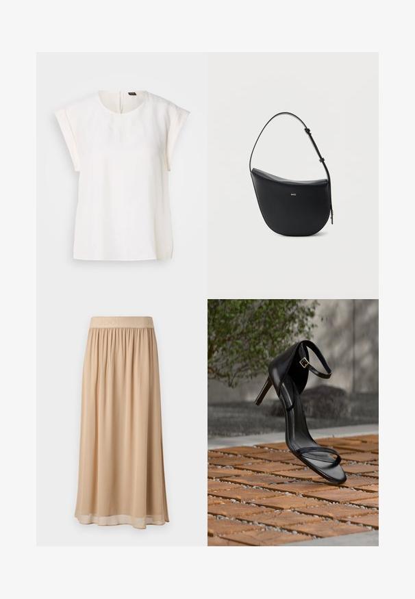 Witte blouse met korte mouwen, ronde halslijn en losse pasvorm, met een klein zwart-oranje label aan de achterkant van de kraag.; Beige midi-rok met een brede elastische tailleband waarop de merknaam staat. Zacht, vloeiend materiaal met een gladde textuur en een eenvoudig ontwerp.; Zwarte hoge hak sandaal met enkelbandje zweeft boven een houten tegelvloer buiten, met een onscherpe groene en stenen achtergrond.; Zwarte halfmaansvormige leren schoudertas met verstelbare riem en goudkleurig "BOSS"-logo middenvoor.