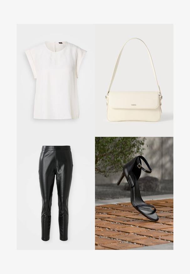 Blouse blanche à manches courtes avec encolure ronde et coupe ample, avec une petite étiquette noire et orange au dos du col.; Pantalons en cuir noir avec une coupe slim, présentant une texture lisse et une taille haute. Les détails comprennent des accents au niveau des genoux pour un design supplémentaire.; Sandale noire à talon haut avec sangle à la cheville, suspendue au-dessus d'un sol en carreaux de bois à l'extérieur, avec un arrière-plan flou de verdure et de pierre.; Sac à bandoulière en cuir couleur crème avec fermeture à rabat, quincaillerie argentée, une bandoulière réglable et un logo discret.