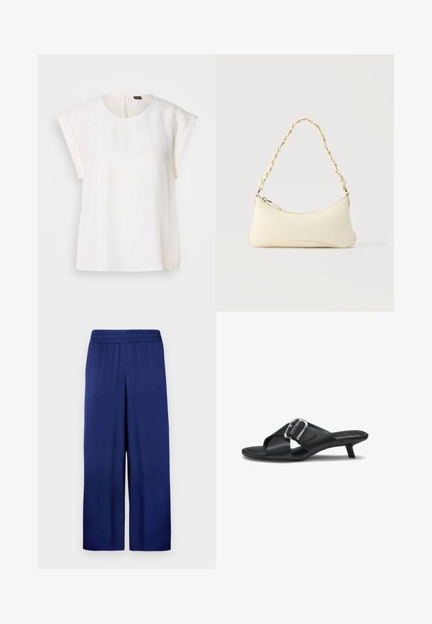 Blusa blanca de manga corta con cuello redondo y corte holgado, con una pequeña etiqueta negra y naranja en la parte trasera del cuello.; Pantalones de pierna ancha en azul marino con una cintura elástica, fabricados en tela suave, que presentan un diseño simple y funcional sin patrones visibles.; Sandalia tipo slide de cuero negro con un pequeño tacón bajo tipo kitten, tiras anchas en cruz y un gran detalle de hebilla plateada en el lateral.; Bolso pequeño de color crema con forma curva y asa de cadena trenzada en tono dorado, cierre con cremallera en la parte superior