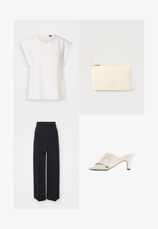 Witte blouse met korte mouwen, ronde halslijn en losse pasvorm, met een klein zwart-oranje label aan de achterkant van de kraag.; Zwarte wijde broek van zachte stof. Voorzien van een ceintuur en plooien aan de voorkant. Glad textuur met een strakke, hedendaagse stijl.; Beige hoge hakken mules met een gedraaide lederen band, open teen en een reliëf logo-accent. De hak heeft een zwarte puntdetail.; Roomkleurige rechthoekige handtas met een enkele draagband en een ritssluiting aan de bovenkant, met een klein ingegraveerd logoplacaat op de voorkant.
