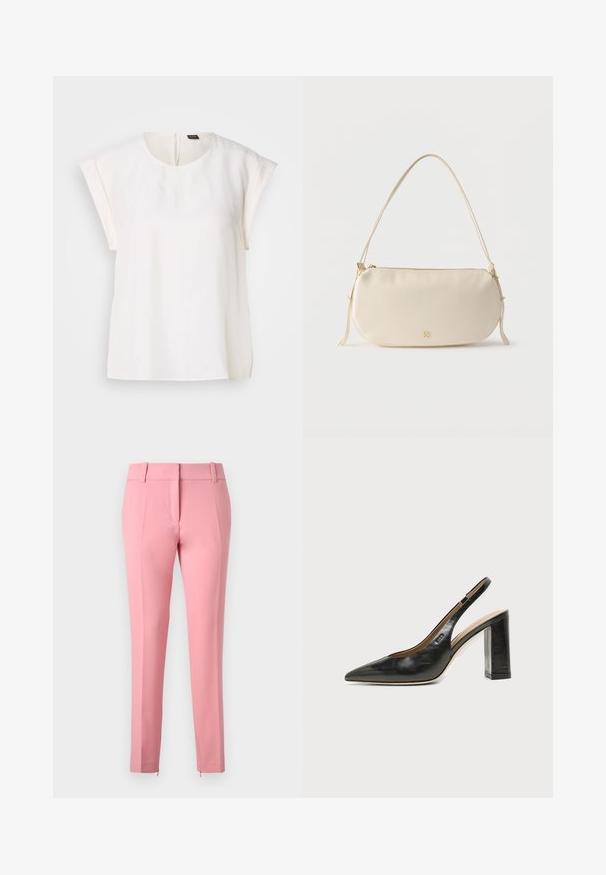 Blouse blanche à manches courtes avec encolure ronde et coupe ample, avec une petite étiquette noire et orange au dos du col.; Pantalons ajustés roses avec une texture lisse, jambes droites et un détail zippé en bas. Comprend des passants de ceinture et un design à l'avant plat.; Chaussure slingback en cuir noir à bout pointu avec un talon bloc haut et une doublure intérieure beige sur un fond clair uni.; Petit sac à épaule de couleur crème avec une seule sangle, fermeture éclair et logo de marque doré discret à l'avant.