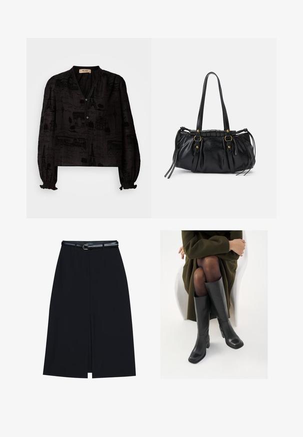 Mos Mosh TALE LIGHT BLOUSE - Chemisier - black; Jupe noire à mi-cuisse avec une fente frontale, fabriquée en tissu lisse. Comprend une fine ceinture noire avec une boucle en argent et des passants.; Bottes en cuir noires arrivant au genou, avec un bout carré et un talon carré, présentées sur un modèle assis dans un manteau vert olive. Texture lisse, détails minimaux.; Sac à main en cuir noir avec une forme arrondie, deux poignées, des accents en matériel décoratif et des détails de liens sur les côtés. Texture lisse et brillante.