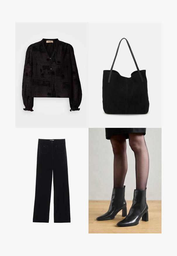 Mos Mosh TALE LIGHT BLOUSE - Overhemdblouse - black; Zwarte fluwelen wijde broek met twee achterzakken en een gladde textuur, met een rechte snit en afgewerkte zoom bij de enkels.; Zwarte leren enkellaarsjes met een spitse neus, stevige vierkante hak en een fraaie uitstraling. Beschikt over elastische zijpanelen voor gemakkelijke aan- en uittrekken.; Zwarte suede tote bag met twee lange, platte leren handvatten. Heeft een gebogen bovenrand en zichtbare stiksels aan de voorkant. Geen hardware-accenten.
