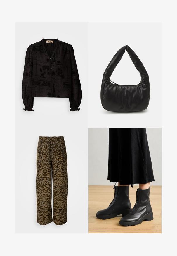 Mos Mosh TALE LIGHT BLOUSE - Hemdbluse - black; Weite Hosen in einem braun-schwarzen Leopardenmuster. Mit hohem Bund und gefaltetem Design. Weicher Stoff mit glatter Textur.; Schwarze Lederstiefeletten mit einer dicken Plattformsohle und einem Reißverschluss vorne. Glatte Textur mit einem minimalistischen Design.; Schwarze Leder-Schultertasche mit lässigem Design, ausgestattet mit einem markanten, geknoteten Griff und einem Reißverschlussverschluss. Sanfte Textur über die gesamte Fläche.